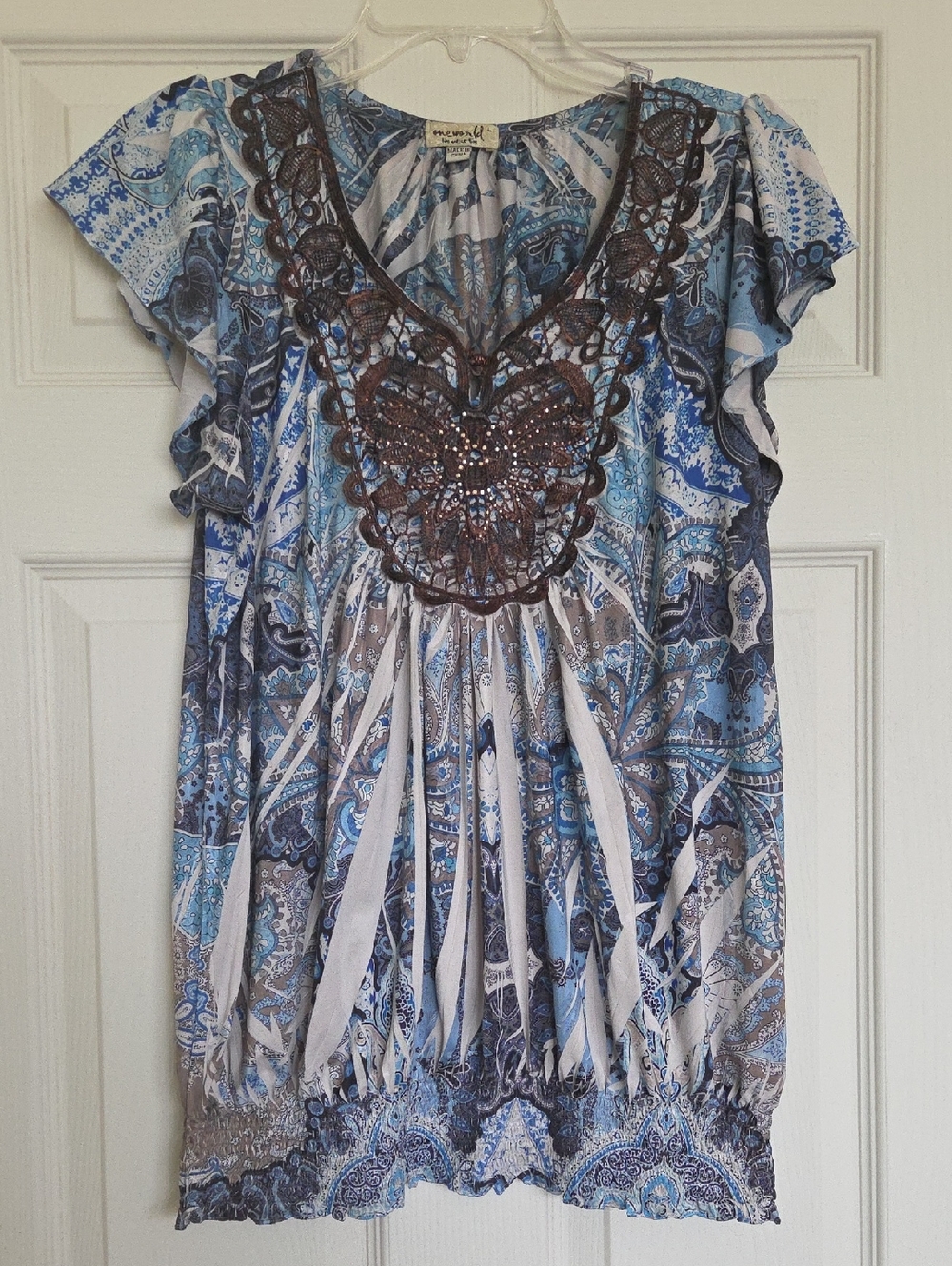Emerald Blue and Gray Paisley Crochet-Neck Flutter Sleeve Top